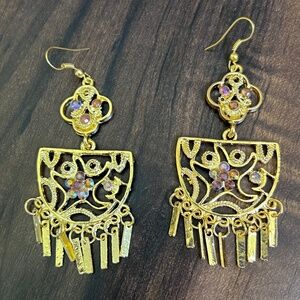 Large Gold Tone Filigree Dangle Earrings with Purple/Orange Stones